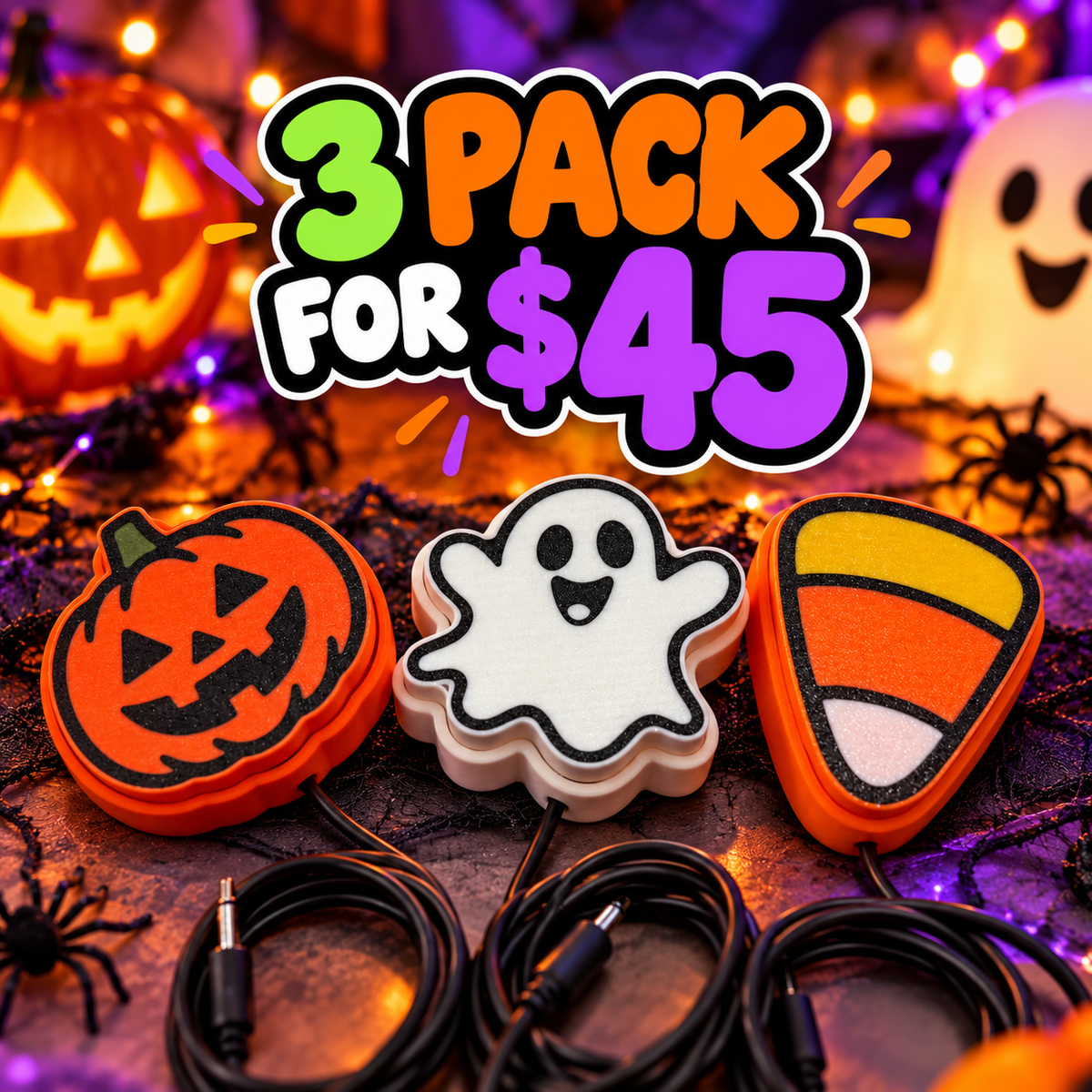Halloween Switch Pack with 3 themed adaptive switches by Switch! It Up with Isaac, featuring spooky designs and tactile buttons.